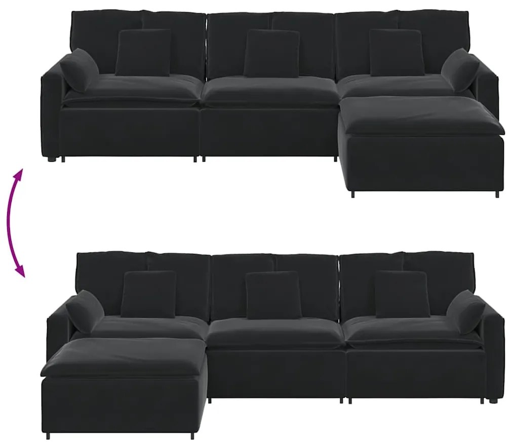 Sofá modular com pufes e almofadas preto