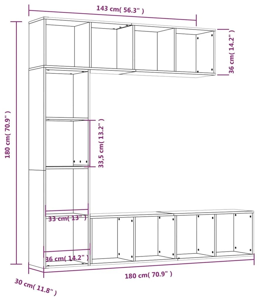 3 pcs conjunto estante/móvel TV 180x30x180 cm cinzento sonoma