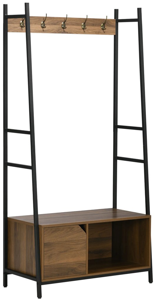 HOMCOM Móvel Cabide de Entrada com Sapateiro Banco 5 Ganchos Armário e Prateleira Aberta 84x40x169cm Marrom Rústico