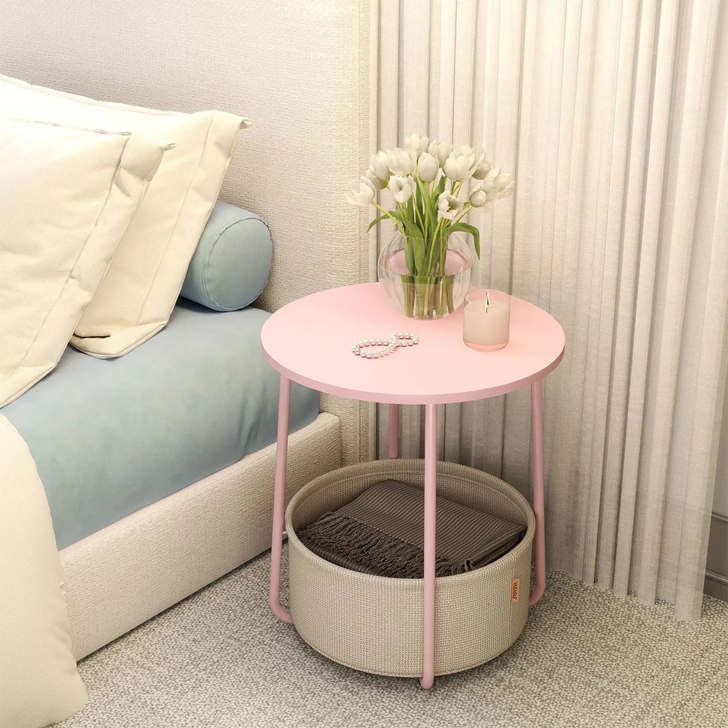 Mesa auxiliar redonda com cesto em tecido 45 x 50 cm rosa + branco creme