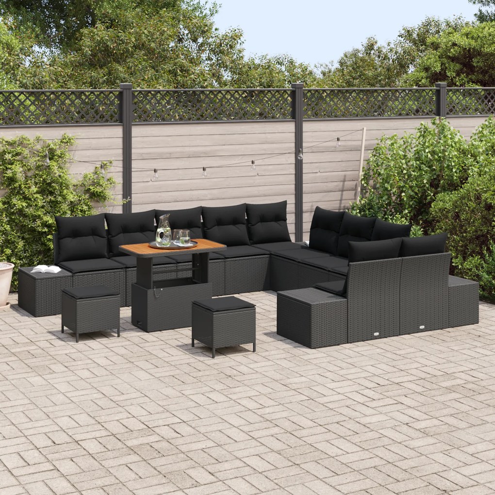 Conjunto de Sofá de Jardim vidaXL 13 Peças com Almofadas Preto Poli Ra