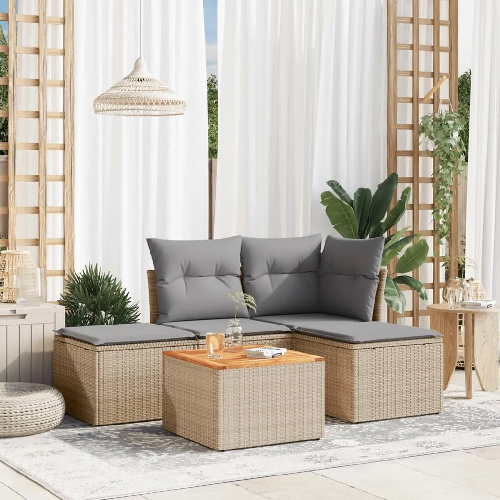 5 pcs conj. sofás jardim c/ almofadões vime PE bege misturado