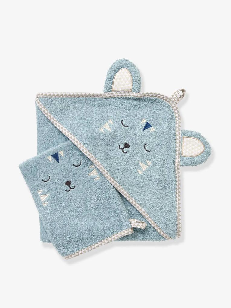 Capa de banho para bebé com capuz com bordado animais azul cinza