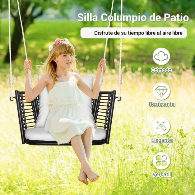 Baloiço jardim de metal para 1 pessoa com encosto em rattan tecido 2 cordas suspensas Almofadas de assento branco