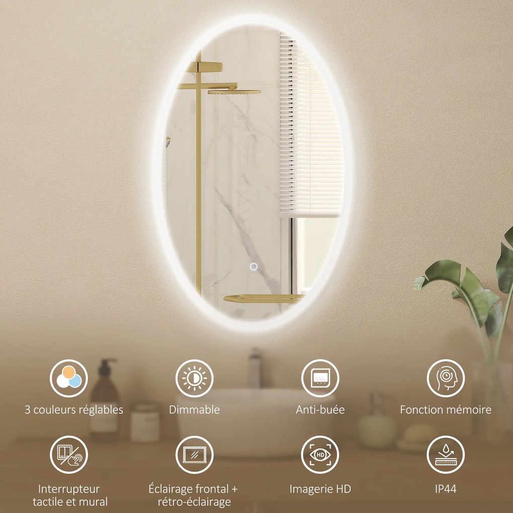 Espelho de casa de banho com iluminação, 80 x 50 cm, espelho LED oval, antiembaciamento, 3 cores de luz, intensidade regulável, transparente