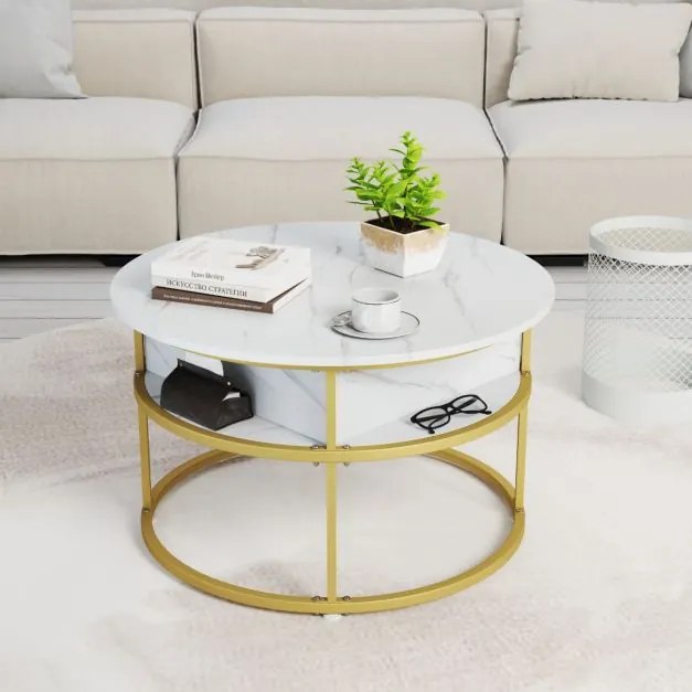 Mesa de Centro Elevável Redonda de 80 cm com Compartimento Oculto e Estantes Laterais Branco e dourado