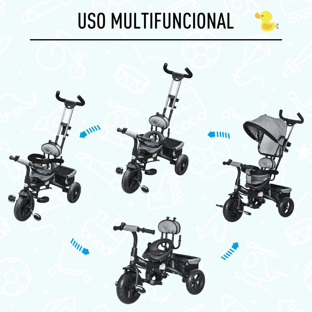 Triciclo para Crianças 2 em 1com capota ajustável acima de 18 Meses cinza 92x51x110cm