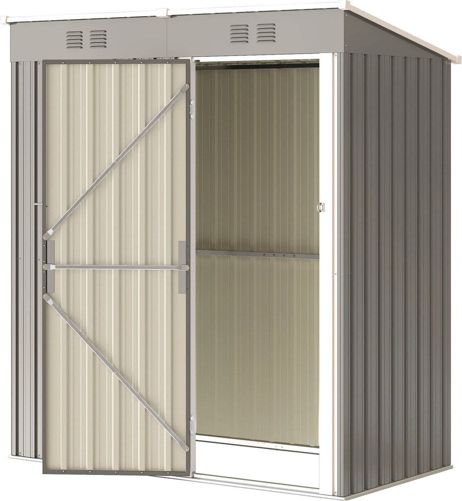 Abrigo de jardim em metal 163 x 90 x 179 cm para encostar, com 2 grelhas de ventilação e telhado inclinado com proteção UV, cinzento claro