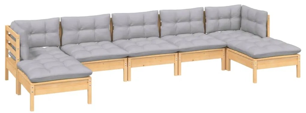 7 pcs conjunto lounge de jardim c/ almofadões cinzentos pinho