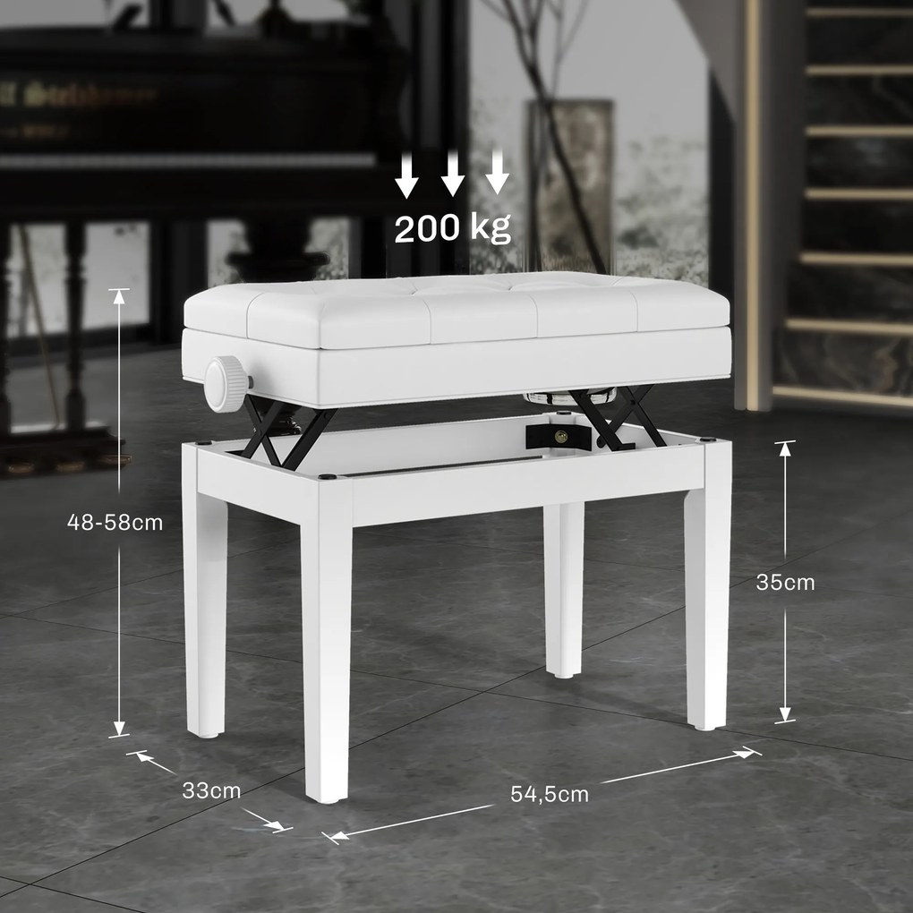 Banco de piano 55 x 33 x 48-58 cm ajustável em altura em madeira maciça, compartimento de arrumação,, branco