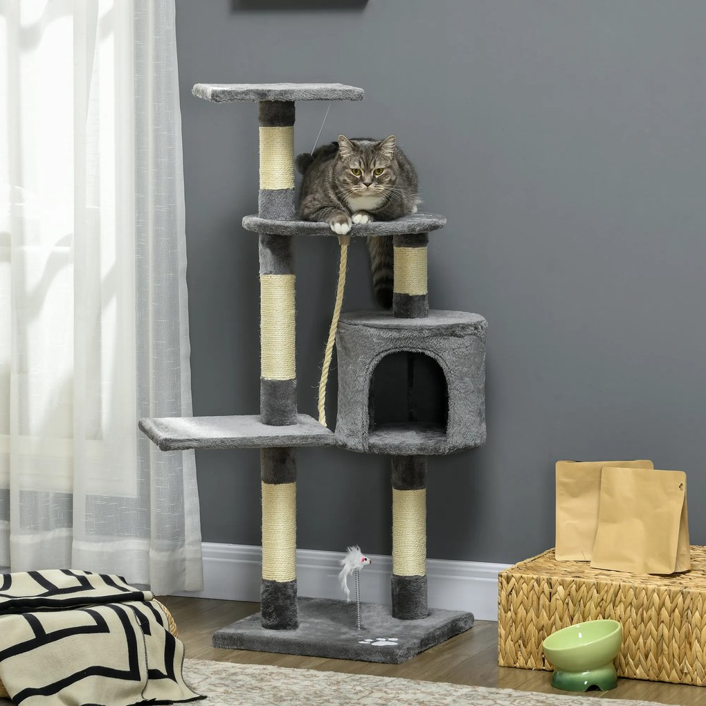 Arranhador para Gatos com 4 Níveis com Poste para Afiar as Garras Caverna Plataformas e Brinquedos 40x40x116 cm Cinzento Escuro