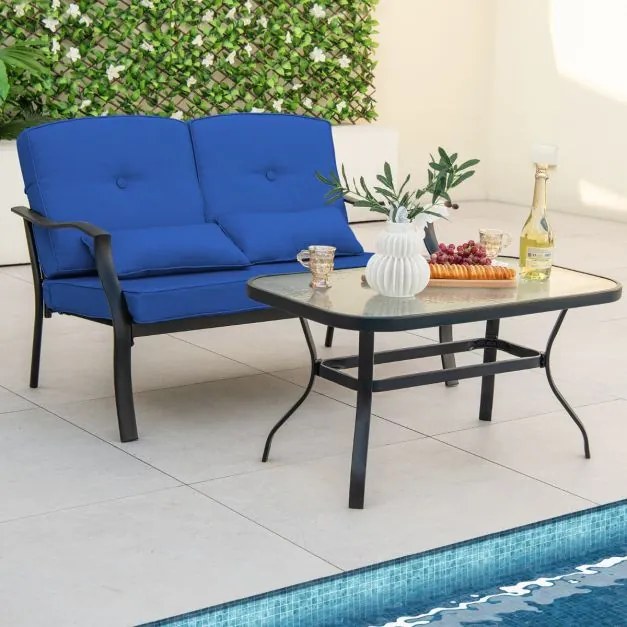 Conjunto de móveis jardim de 4 peças com 2 cadeiras Cadeira individual sofá de 2 lugares Mesa de vidro temperado para jardim Varanda Terraço Azul