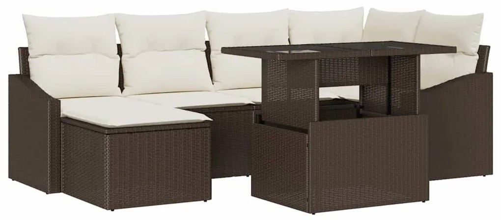 Conjunto de Sofá de Jardim com 7 Peças e Almofadas Castanho em Rattan