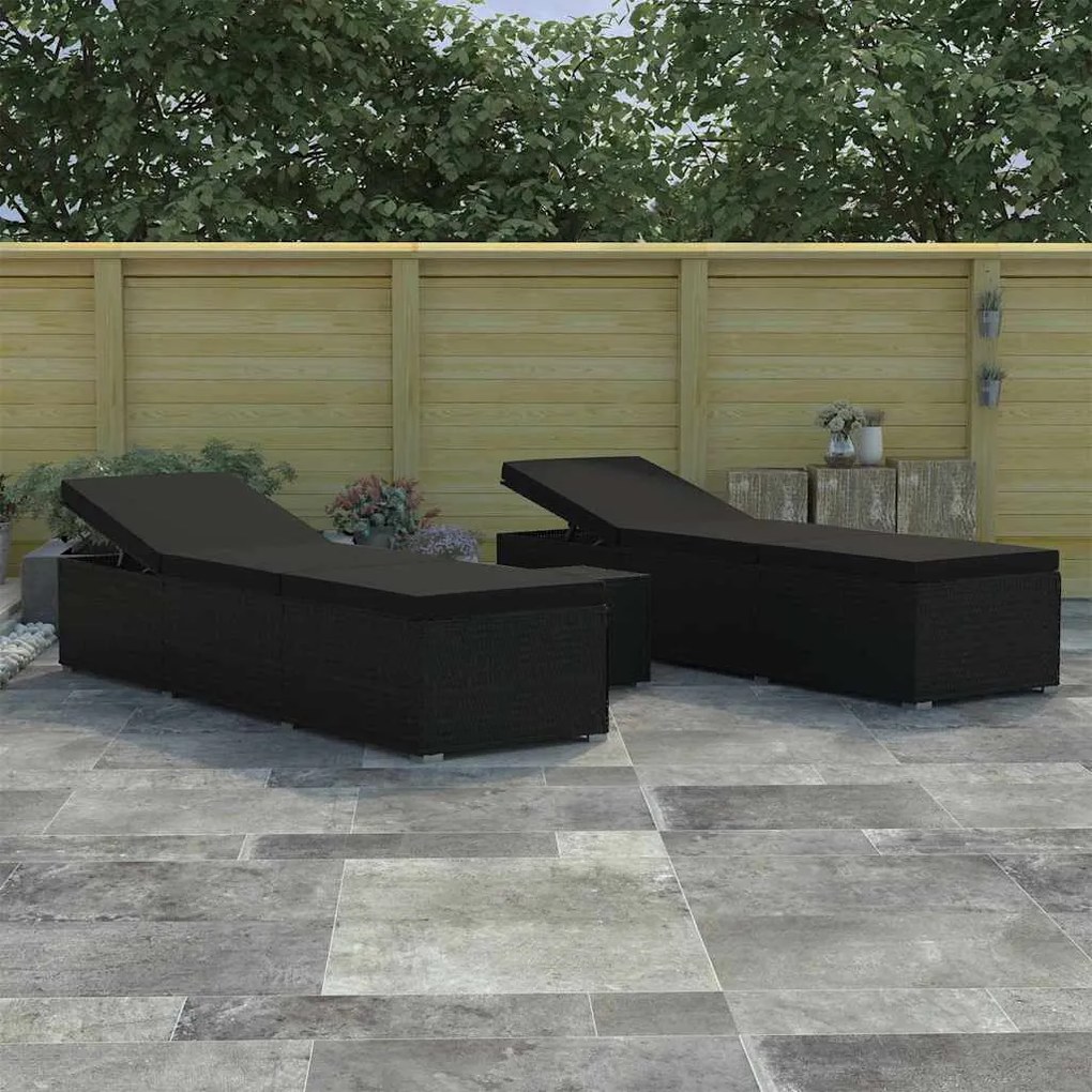 vidaXL Camas de Sol de Jardim 3 pcs Preto Rattan Sintético