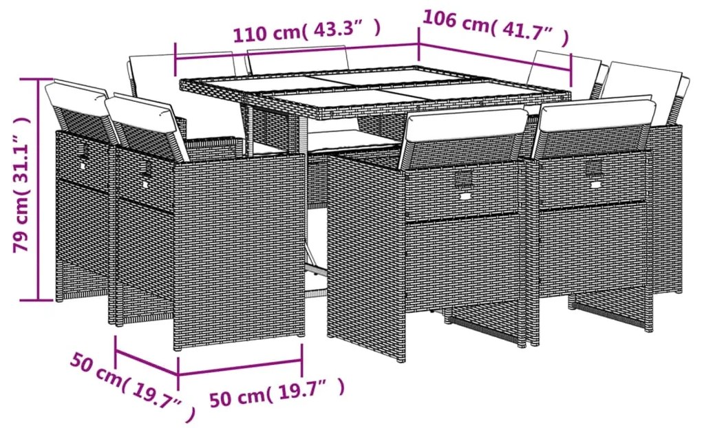 9 pcs conjunto de jantar p/ jardim c/ almofadões vime PE cinza