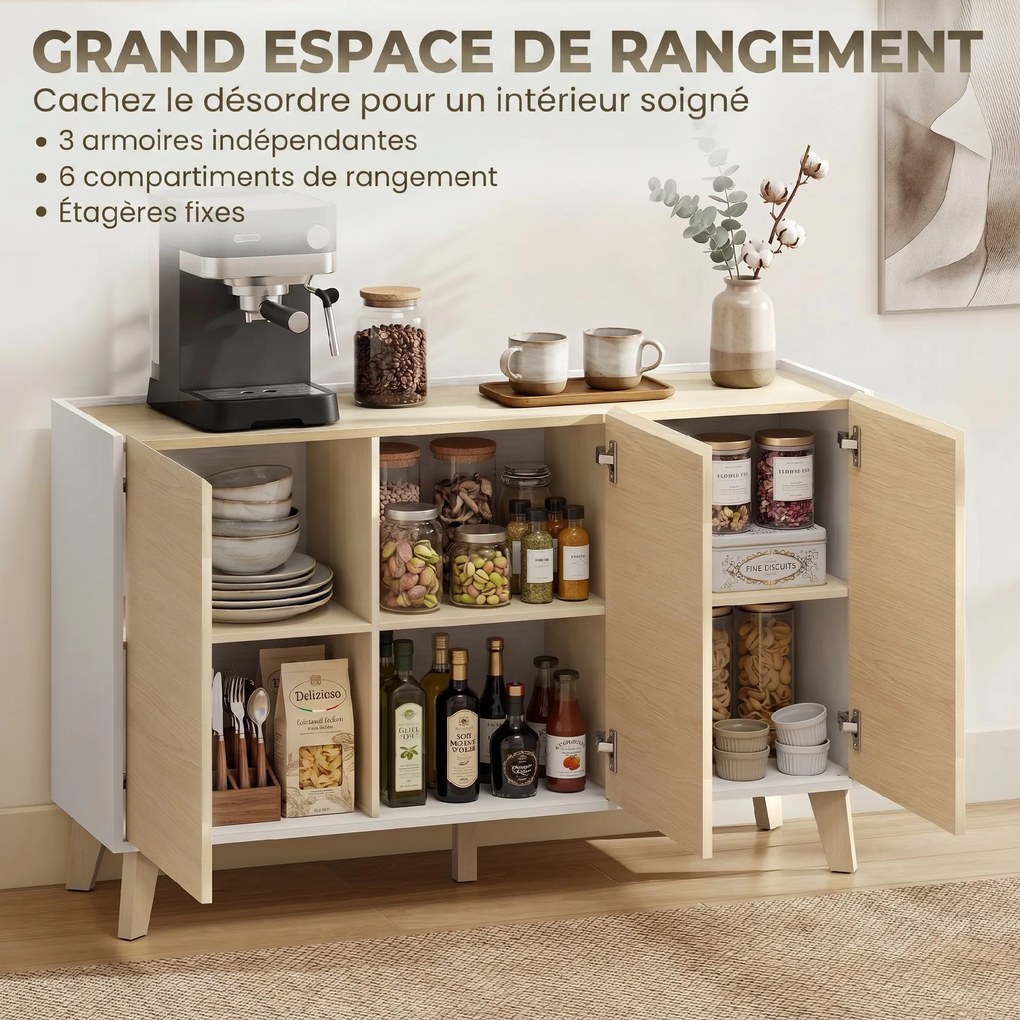 Armário de cozinha 120 L x 35 P x 73,5 A cm, móvel de arrumação de estilo nórdico, 3 portas com fecho suave, 6 compartimentos, cor madeira natural e b