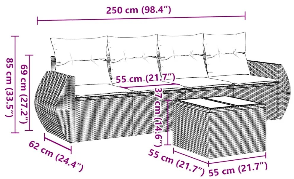 5 pcs conjunto sofás de jardim com almofadões vime PE preto