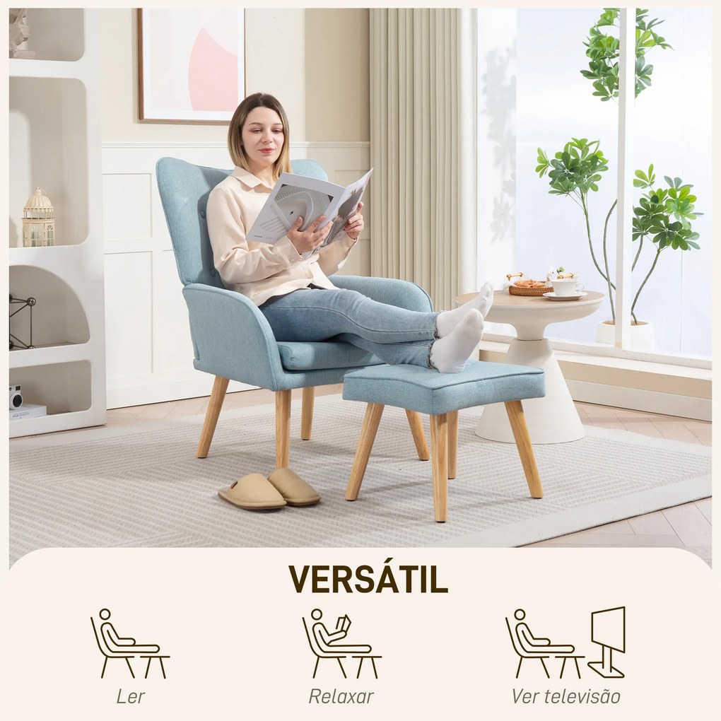 Poltrona com Apoio para Pés Poltrona de Leitura com Capitonê Pés de Madeira e Revestimento em Linho 70x72x94 cm Azul Claro