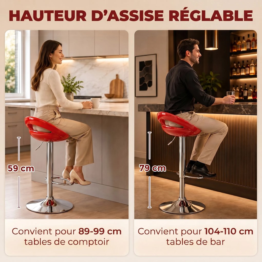 Conjunto de 2 bancos de bar com altura ajustável, encosto e apoio para os pés giratórios a 360°, 46x41x76-96 cm, vermelho