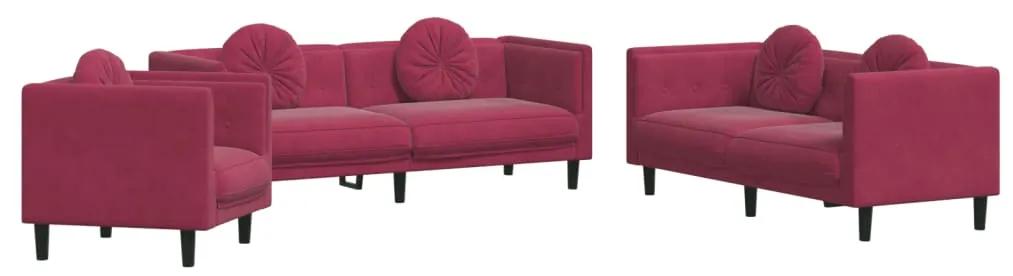 3 pcs conjunto de sofás com almofadas veludo vermelho-tinto
