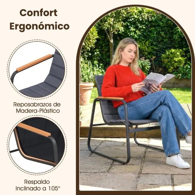 Conjunto de jardim de 3 peças, mesa de centro de vidro temperado e 2 Cadeiras com almofadas cinza