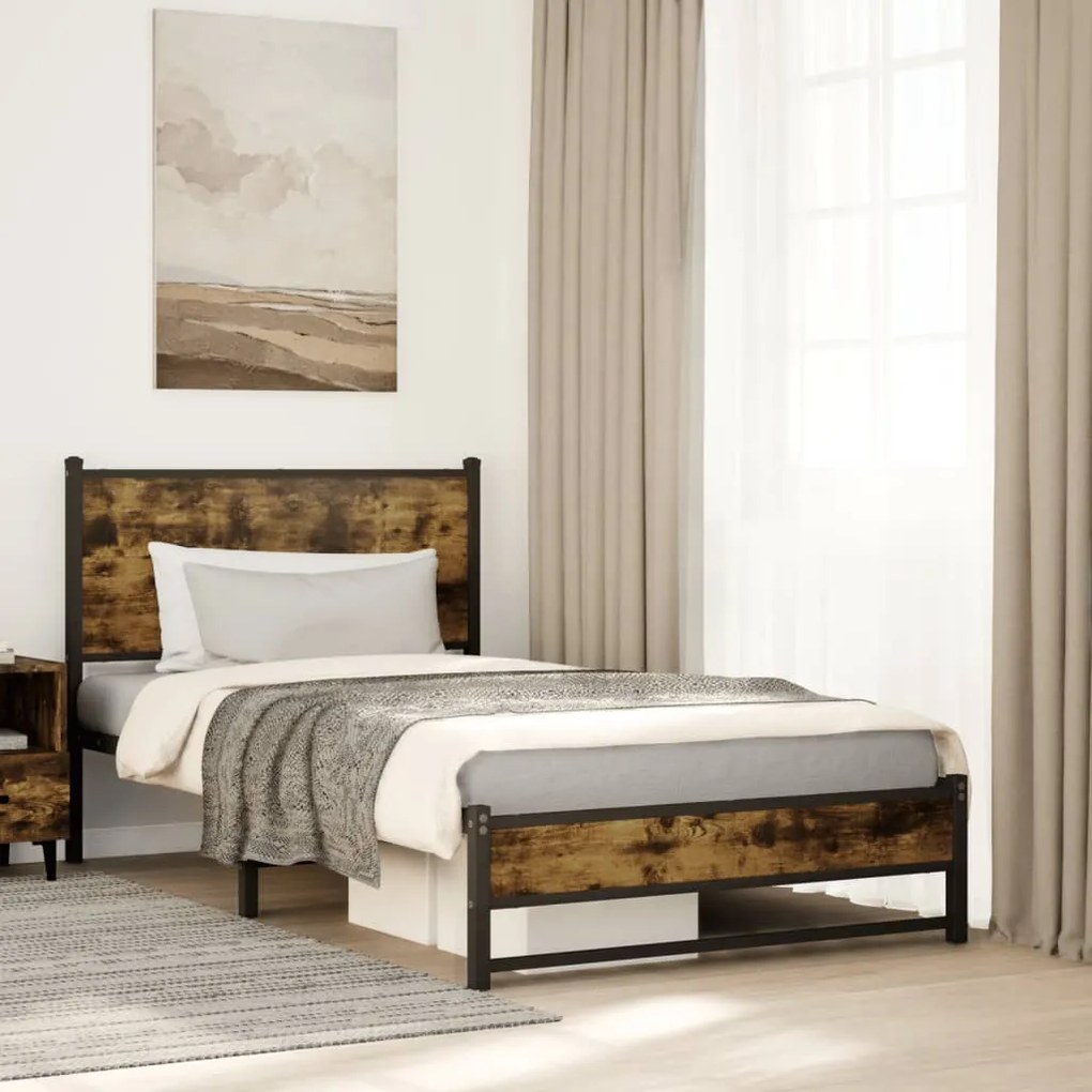 vidaXL Estrutura de cama sem colchão 100x190 cm metal carvalho fumado