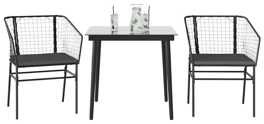 3 pcs conjunto jantar jardim almofadões vime PE vidro preto
