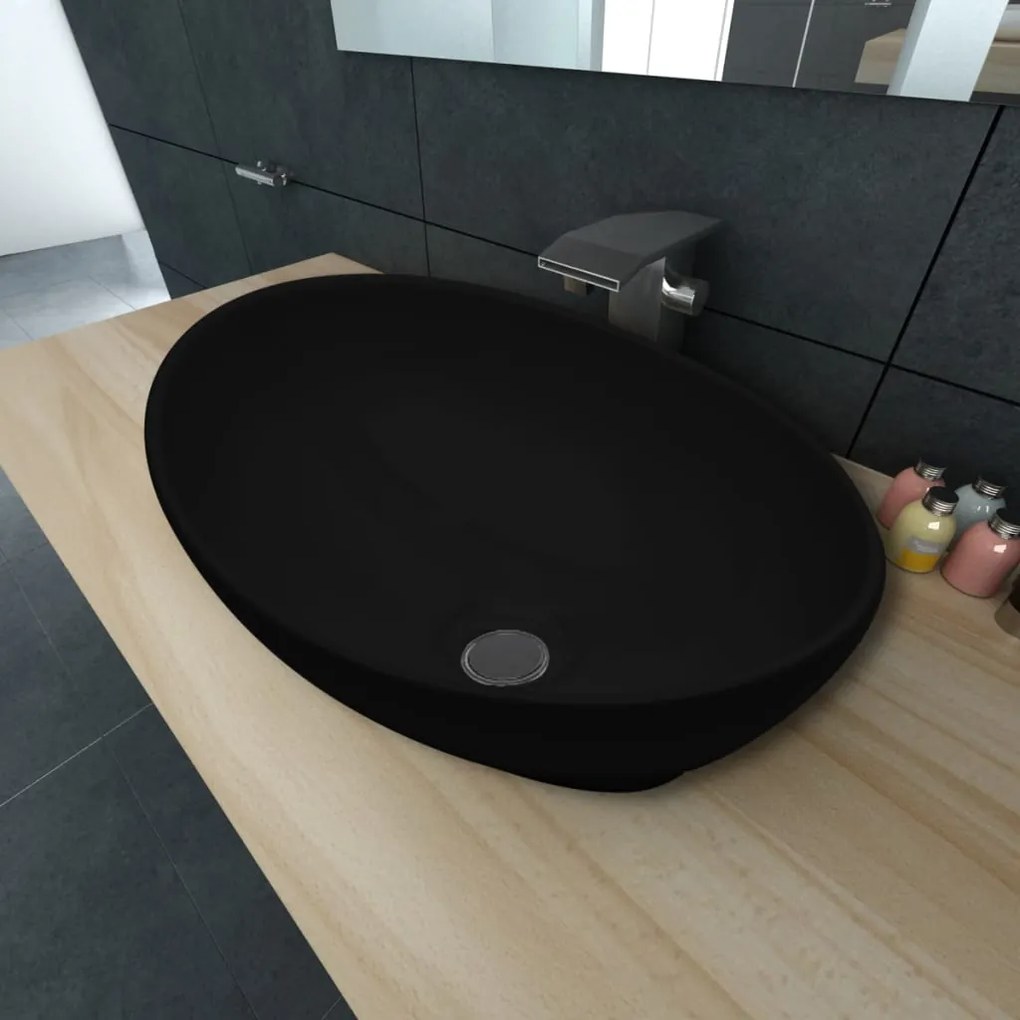 140675 vidaXL Lavatório cerâmica 40 x 33 cm, forma oval / Preto