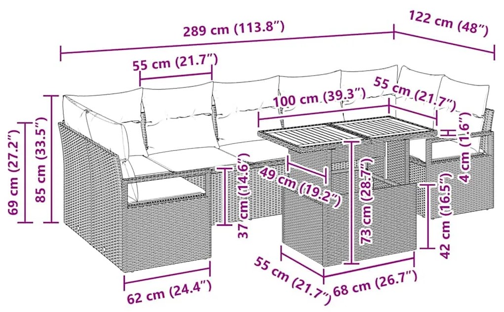 Conjunto de Sofá para Jardim 8 pcs Bege e Cinza Grande Vime
