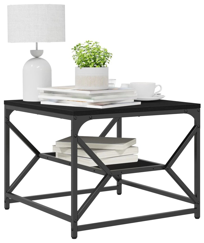 Mesa de Café Carvalho Preto com Prateleira, 51x50x40 cm, Feita de Made