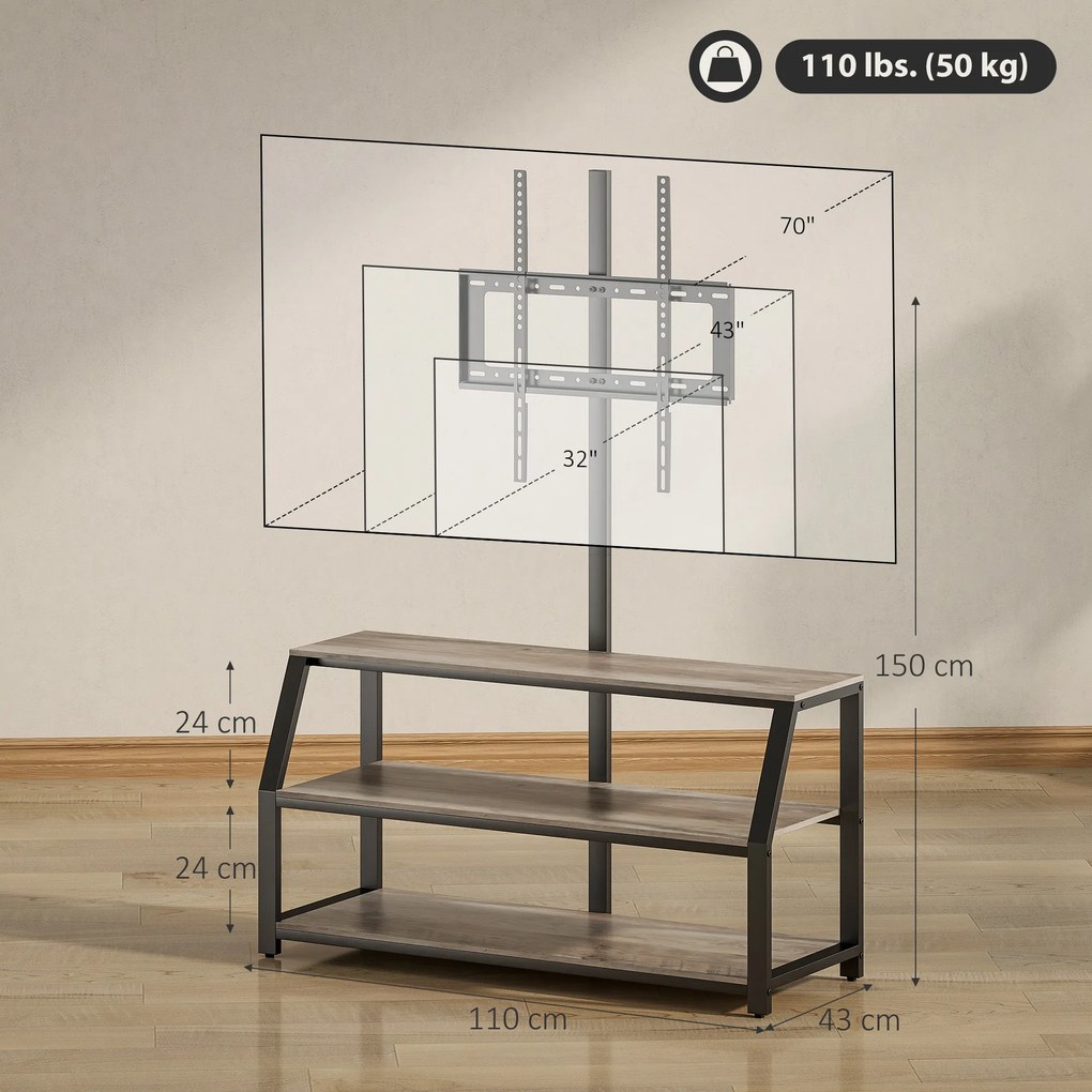 Móvel de televisão 110 x 43 x 150 cm, com suporte para televisores até 72 polegadas, com 2 prateleiras abertas, cinzento, preto