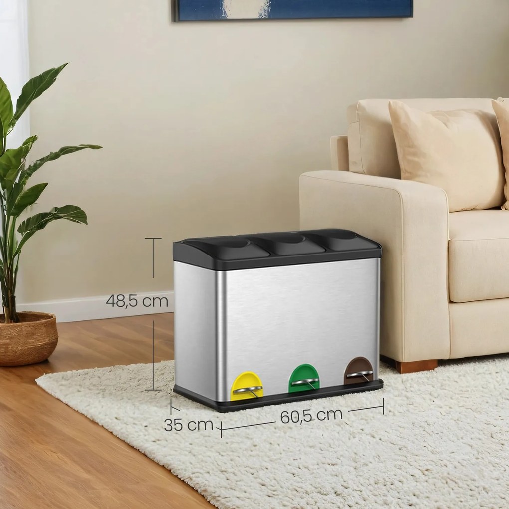 Caixote do lixo com 3 compartimentos 60,5 x 40,5 x 48,5 cm prateado + preto