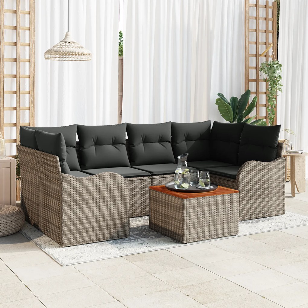 Conjunto de Sofás Jardim vidaXL de 7 Peças com Almofadas Cinza Rattan