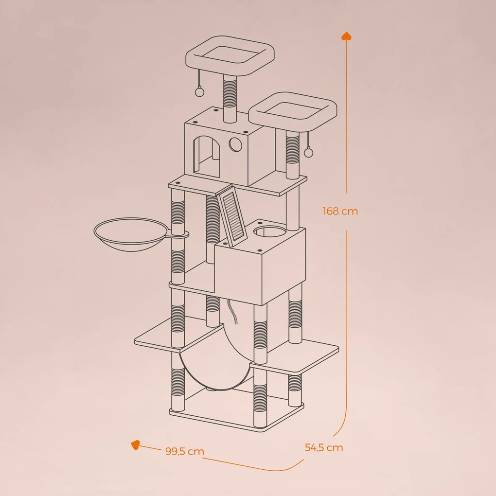 Arranhador para Gatos grande com 13 colunas para arranhar 55 x 45 x 168 cm, branco creme