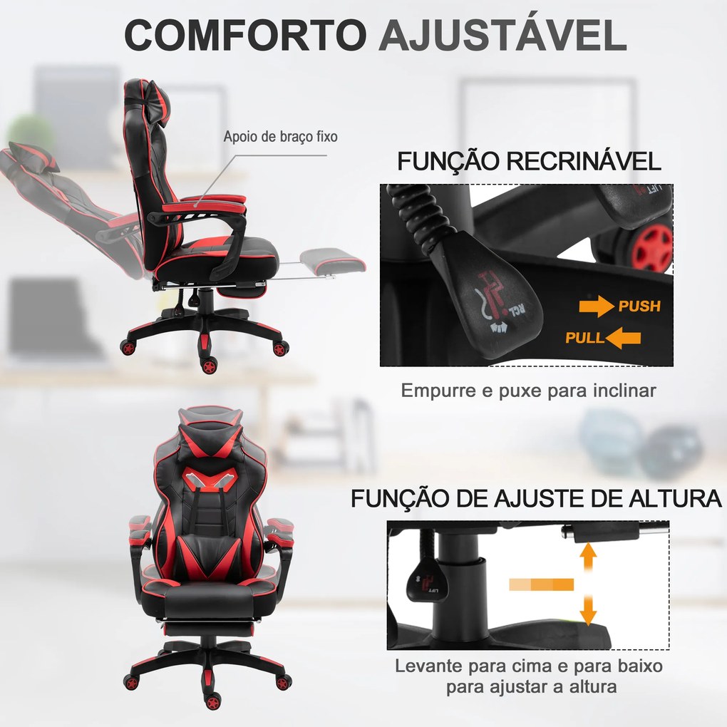 Cadeira de escritorio gaming ergonômica Altura Ajustável reclinável com apoio para pés Vermelho e Preto