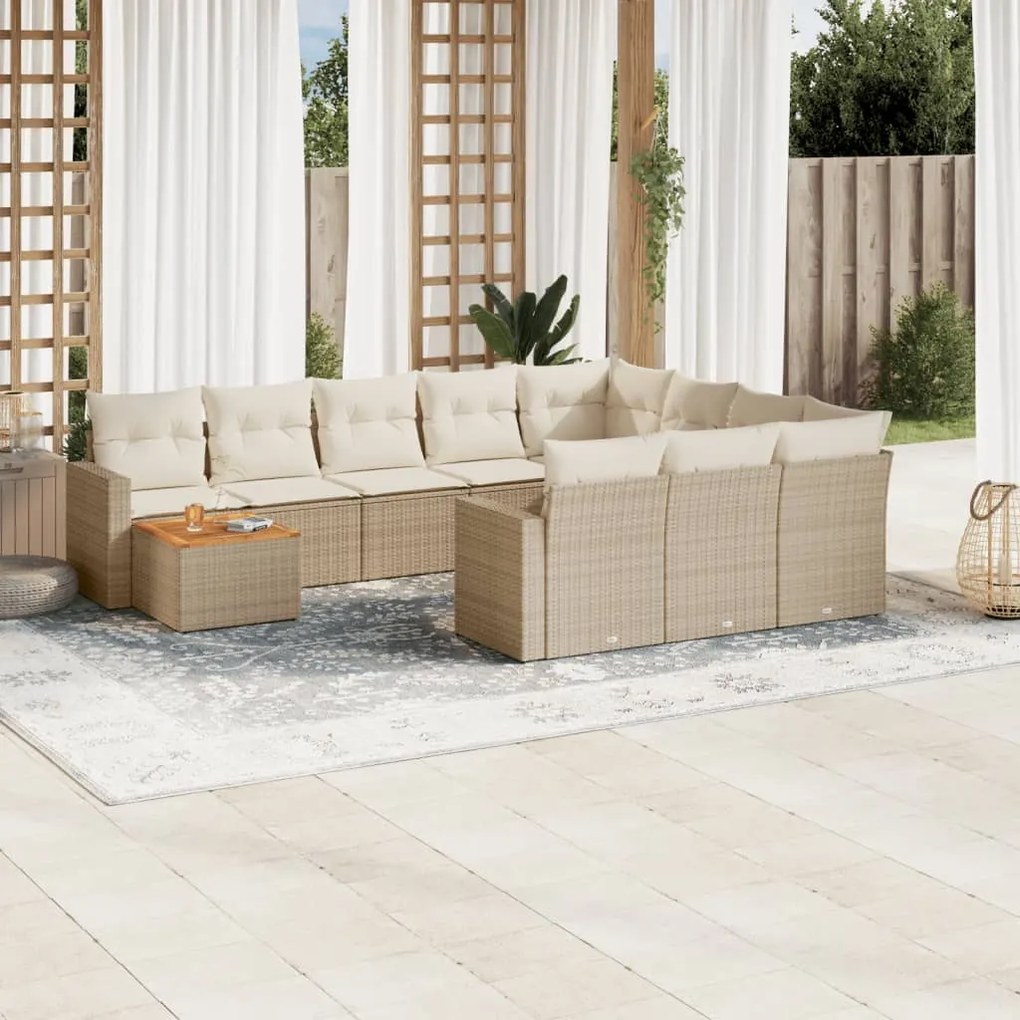 11 pcs conjunto sofás de jardim c/ almofadões vime PE bege