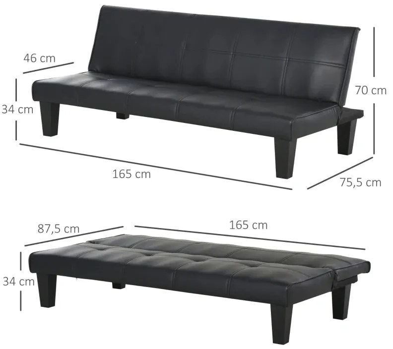 Sofá Cama Santarém em Couro Artificial - Preto - Design Moderno