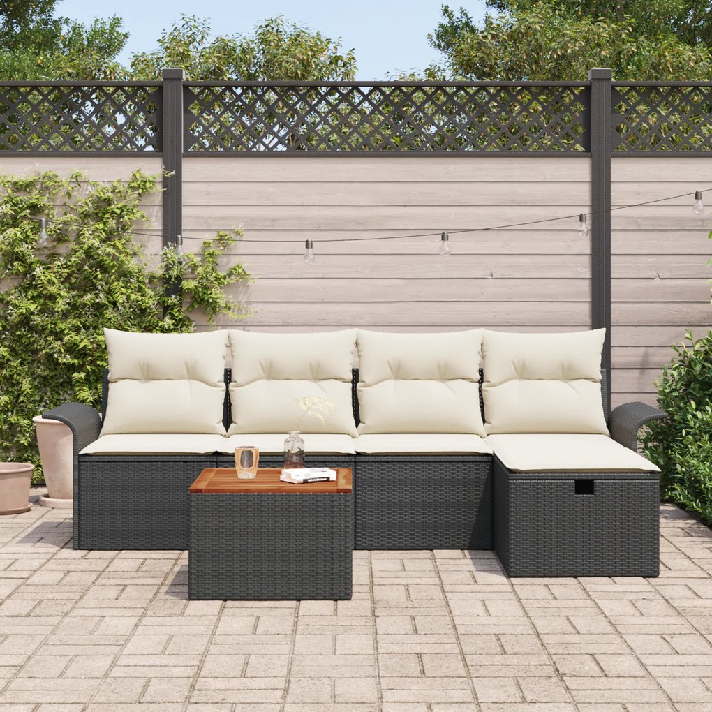 Conjunto de Sofás de Jardim de 6 Peças com Almofadas Preto Polirratã
