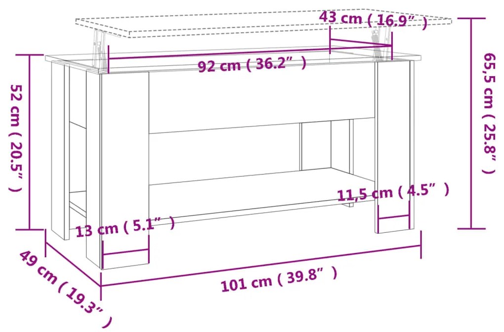 Mesa de centro 101x49x52cm derivados de madeira cinzento sonoma