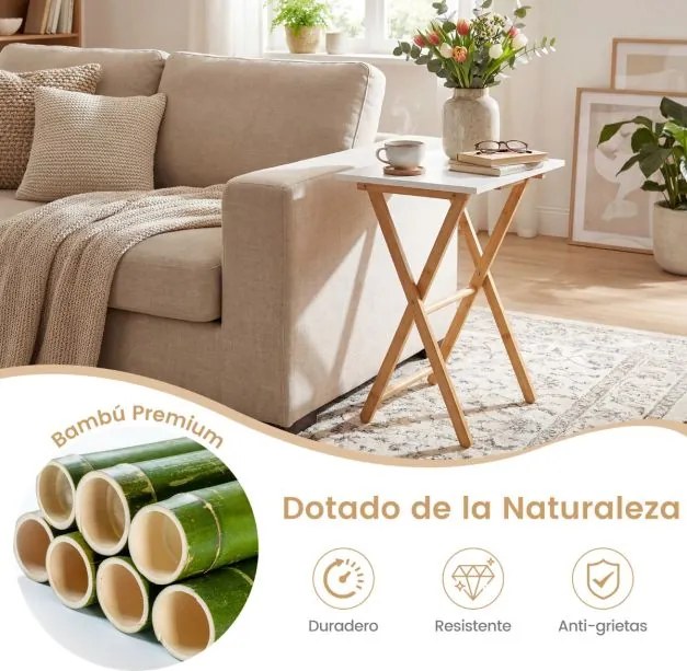 Conjunto de 2 mesas apoio dobráveis de bambu 48 x 35 x 64 cm, refeições e sofá; portátil; ideal para espaços pequenos quarto e sala de estar branco