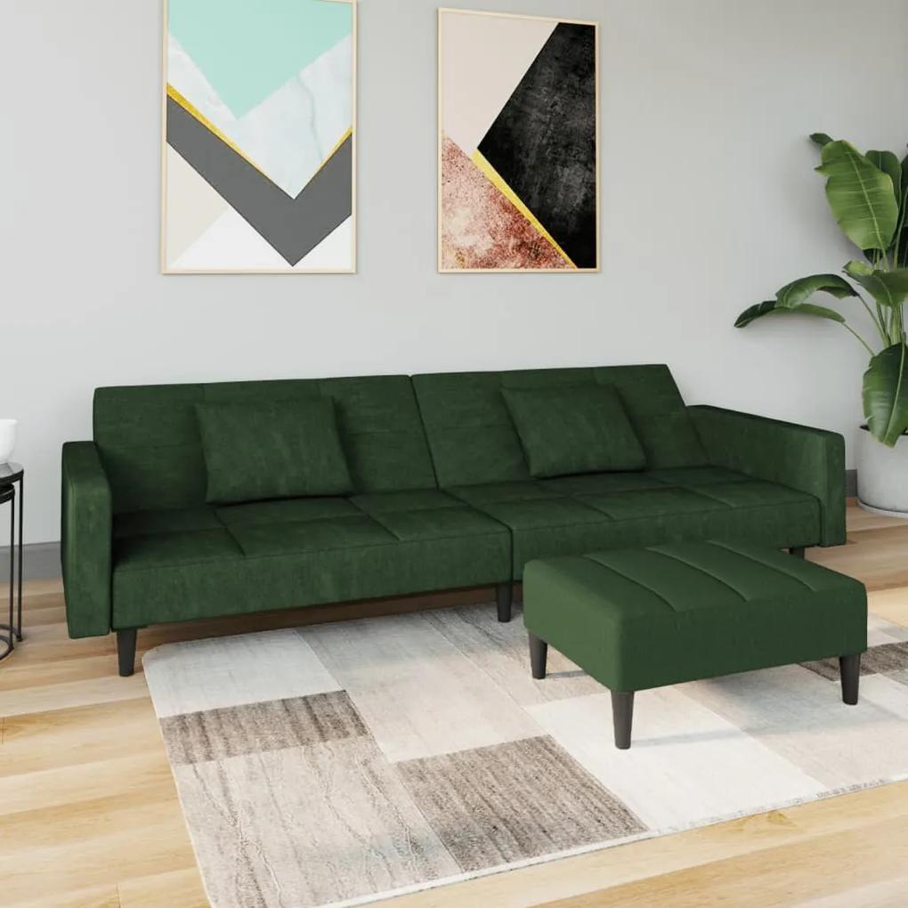 Sofá-cama 2 lug. + 2 almofadas/apoio de pés veludo verde-escuro