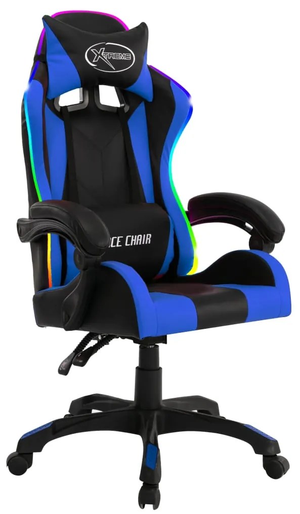 Cadeira estilo corrida c/ luzes LED RGB couro artif. azul/preto