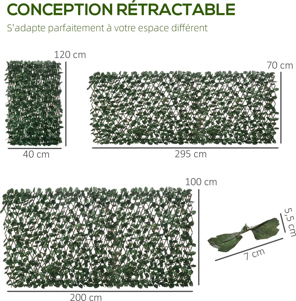 2 painéis de Sebe artificial 295 x 70 cm com folhas para parede, que protege da vista, comprimento ajustável, treliça extensível em PE verde