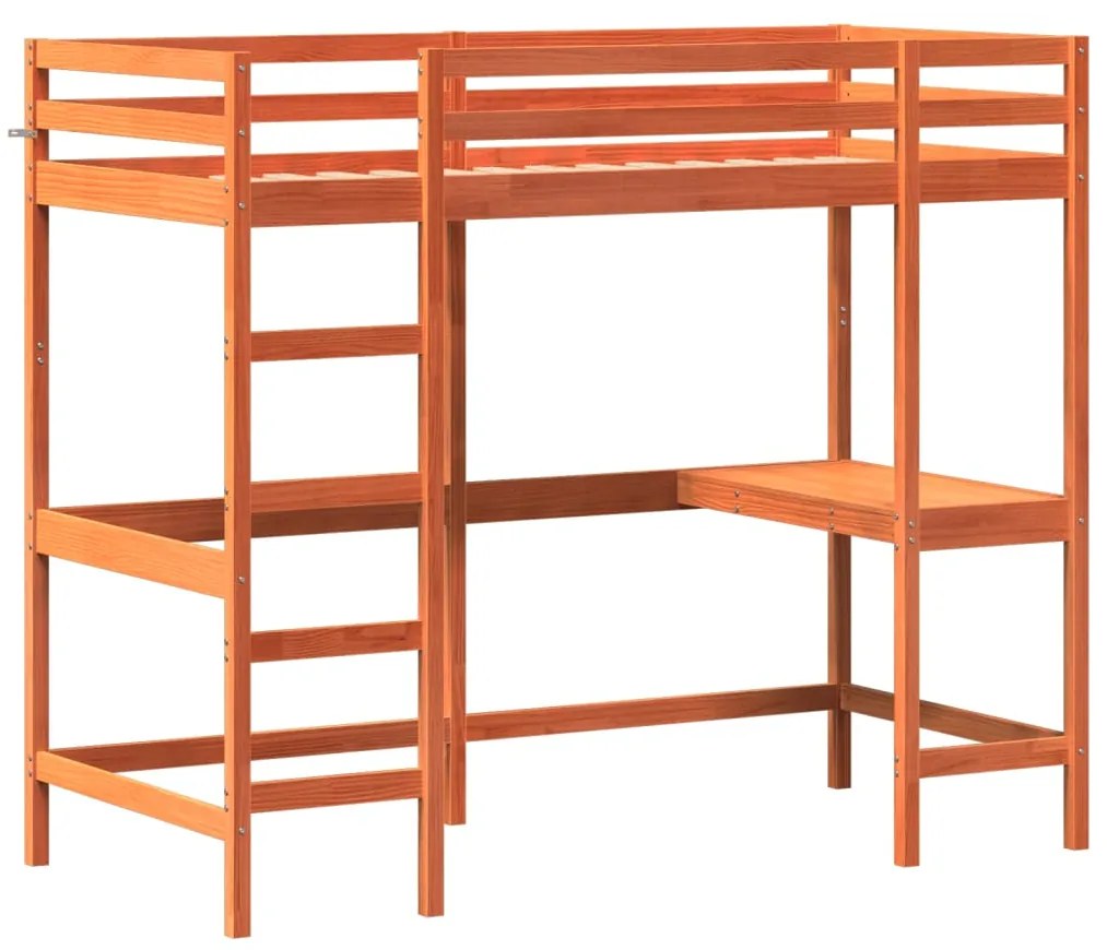 Cama alta com secretária 90x190 cm pinho maciço castanho-mel
