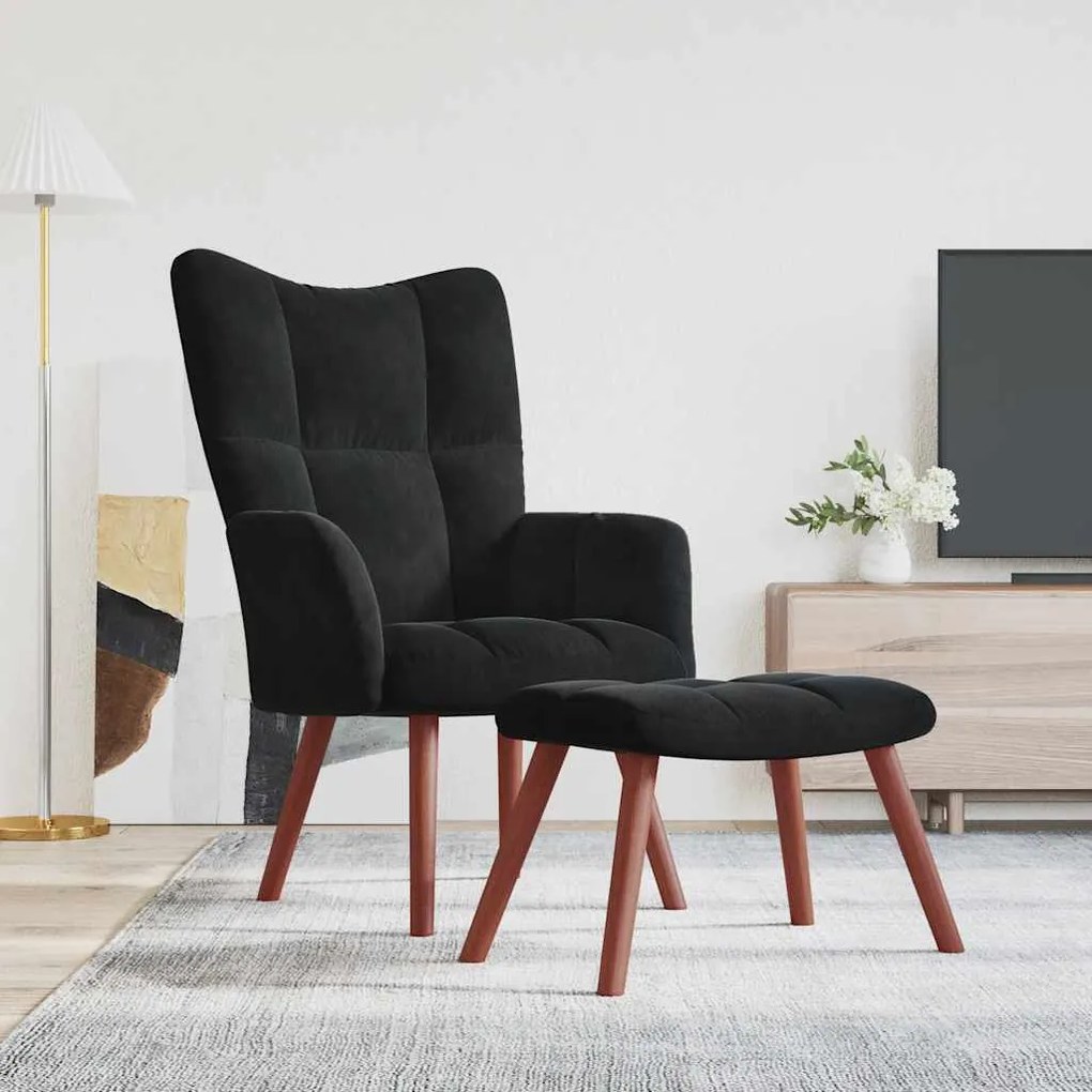 vidaXL Cadeira de descanso com banco veludo preto