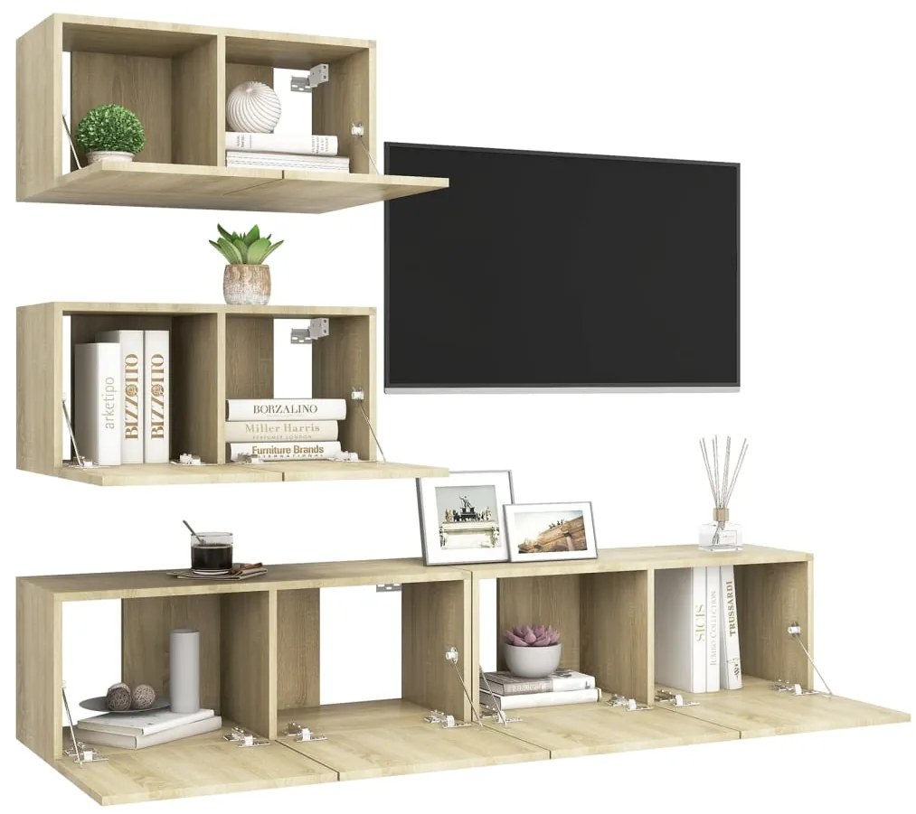 4pcs conjunto de móveis de TV derivados madeira carvalho sonoma