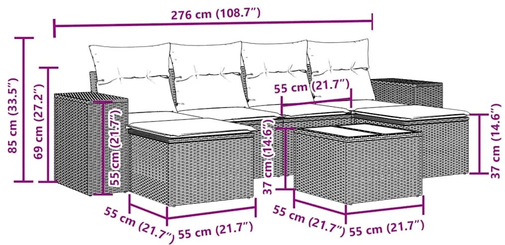 7 pcs conjunto de sofás p/ jardim c/ almofadões vime PE preto