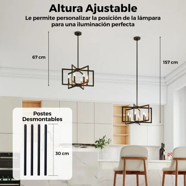 Candeeiro Teto rústico de 6 luzes com design geométrico, altura ajustável e metal industrial para sala de jantar e ilha de cozinha, preto
