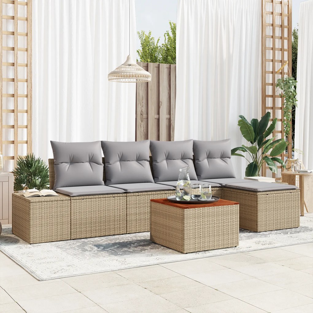 Conjunto de Sofás de Jardim de 6 Peças com Almofadas Bege Polirattan A