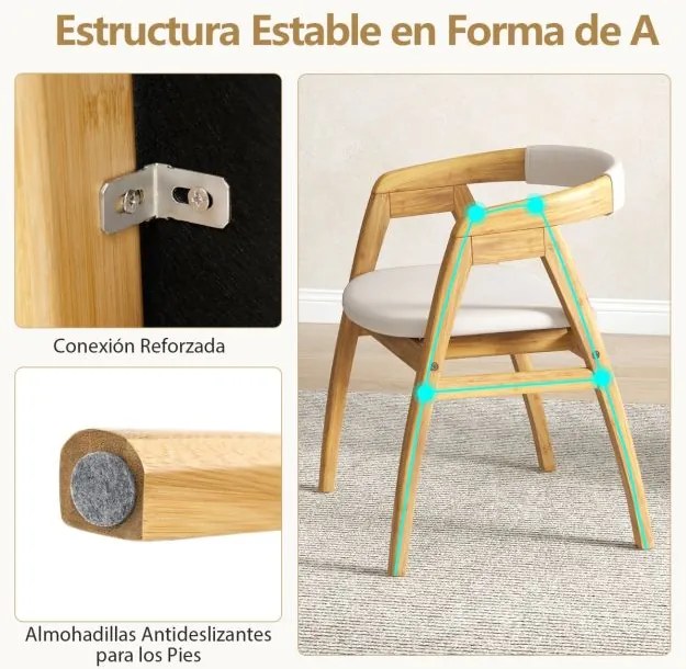 Cadeira de bambu com encosto curvo e almofada de assento estofada para sala de estar/jantar natural